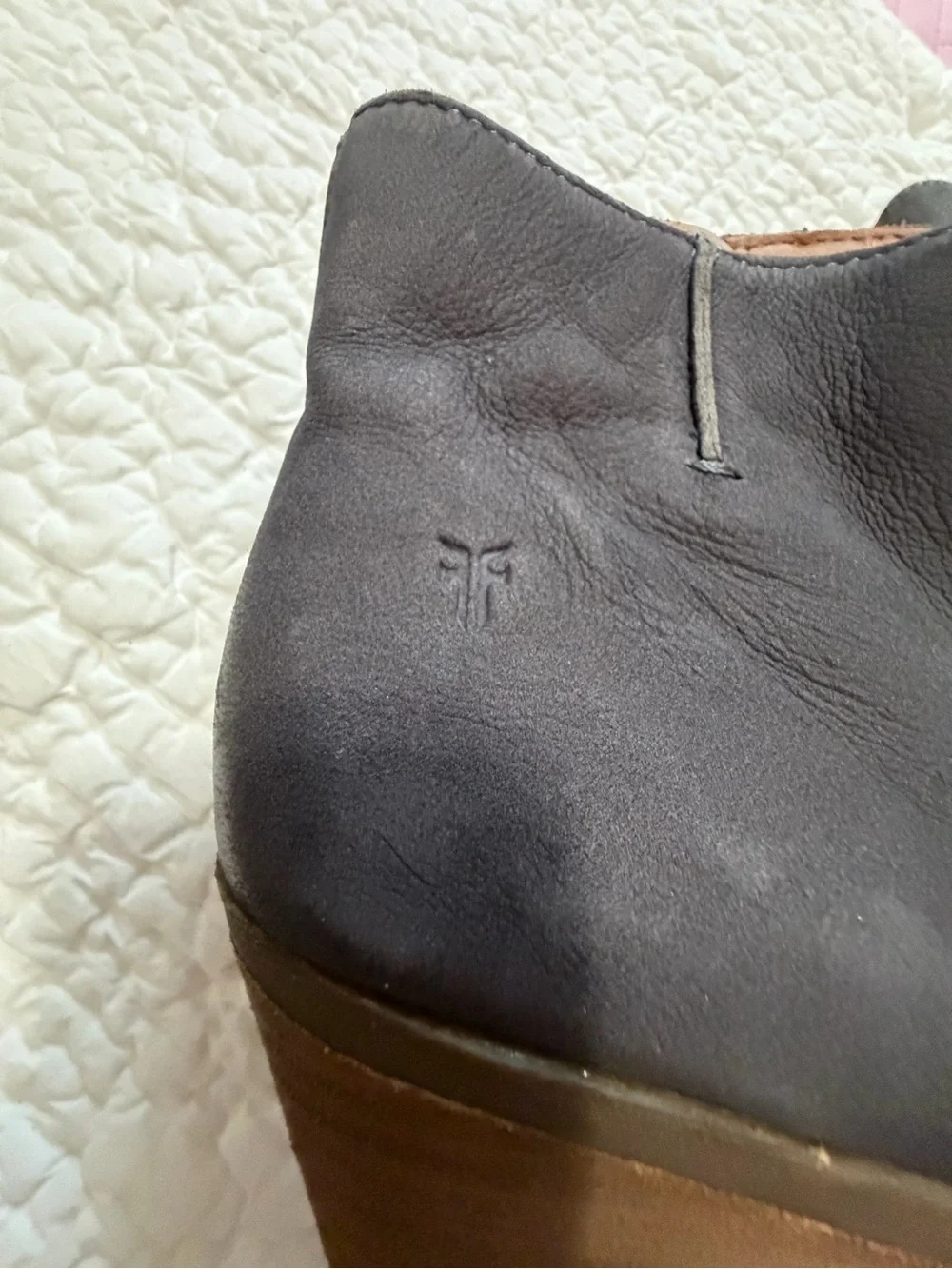 Frye Dark Gray Leather Ankle Booties with Stacked Heel